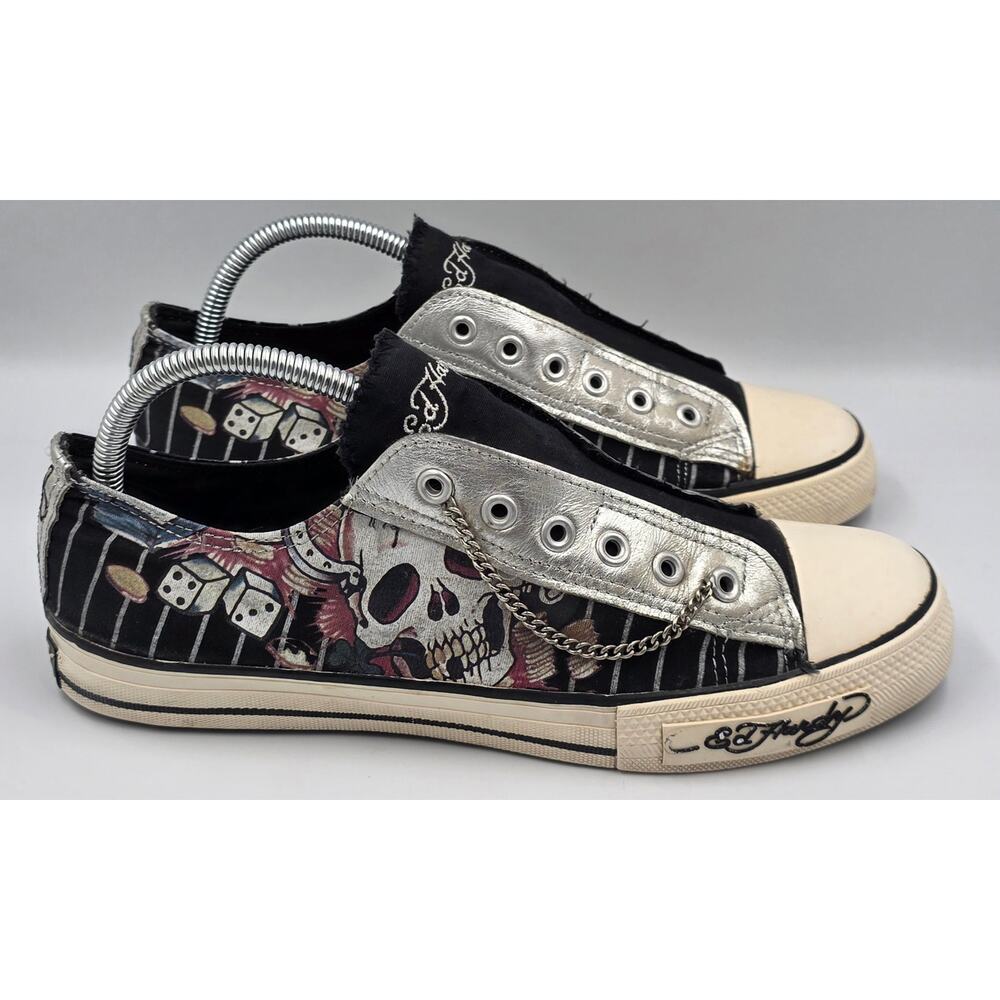 Ed Hardy Low Top Shoes Womens 8 Laceless Slip-On Canvas Skull Dice Chain  Y2K